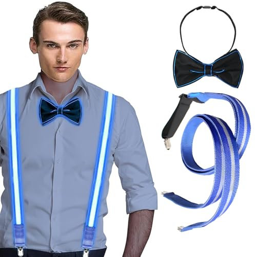 EHIOG 2 Stück Leuchtende Herren-LED-Hosenträger und Fliege, Led Hosenträger Herren, perfekt für Musik, Festival, Halloween-Kostümparty, Rave-Party, Weihnachten für Party deko(Blau)