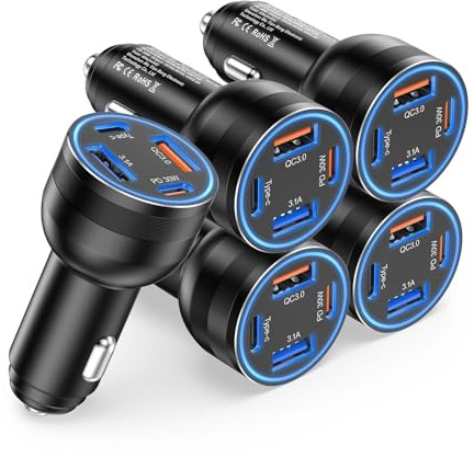 5-Pack Zigarettenanzünder Ladegerät, 65W 4 Ports kfz Ladegerät 12v USB C Rapide Adaptateur Voiture, PD3.0 et QC3.0 Chargeur Allume Cigare Prise Secteur pour iPhone 16 15 Pro Max, iPad,Samsung S25 S24
