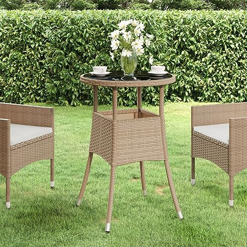 Juroupi Gartentisch Terrassentisch Wetterfest Lounge Tisch Outdoor BalkonhäNgetisch Ø60x75 cm Hartglas und Poly Rattan Beige