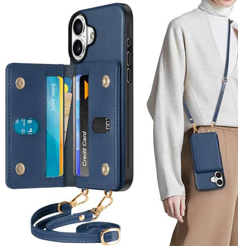 TUCCH Plånboksfodral för iPhone 16 (6,1 tum), [separerbar snodd axelrem] PU-läder RFID-blockering korthållare [6 kortplatser] magnetisk stängning, stötsäkert fodral för iPhone 16 2024 - blå