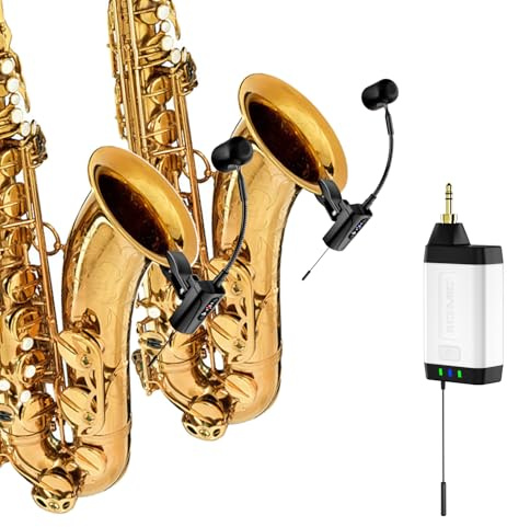 ACEMIC Micrófono Inalámbrico para Saxofón Dual UHF, Micrófono de Condensador UHF con Pinza, Sistema de 1 Receptor y 2 Transmisores para Saxofón, Trompeta, Trompeta, Q2/ST-5