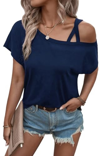 Rayson Camisetas para Mujer Color Sólido Basicas Casual T-Shirt Verano de Manga Corta Un Hombro Halter Top Cuello Redondo Pullover Blusa Playeras Azul Marino XL