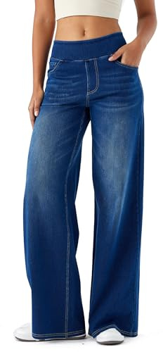 LaiEr Jeans a Gamba Larga Donne, Vita Alta, Gambe dritte, vestibilità Sciolta, Jeans Casual Molto Elastici, Adatto per Yoga, Fitness e Sport di Tempo Libero.(Blu Scuro L)