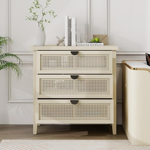 HAINEW Moderner Kommode Sideboard mit 3 Rattan Schubladen und Metallgriff, Aufbewahrungsschrank Beistellschrank Nachttisch für Schlafzimmer und Wohnzimmer, 80x40x80cm, Natürliche Farbe