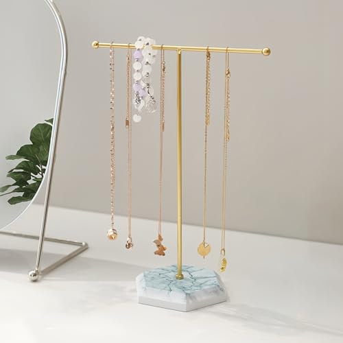 Colgador Collares,25.5 cm Soporte Organizador de Collares,Diseño en Forma de T,Soporte de Joyería Dorado,Porta Collar,Organizador de Joyas Expositor para Colgantes,Pulseras,Aretes,Anillos (Oro)