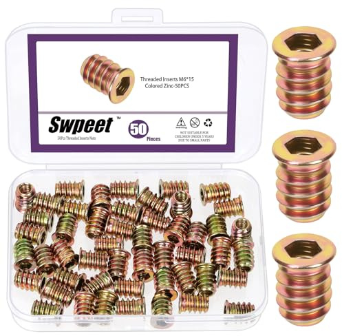 Swpeet 50 tuercas de inserción roscadas chapadas en zinc de color M6 x 15, insertos roscados hexagonales, conector de cierre de rosca interna, insertos roscados de madera para tornillos de muebles de