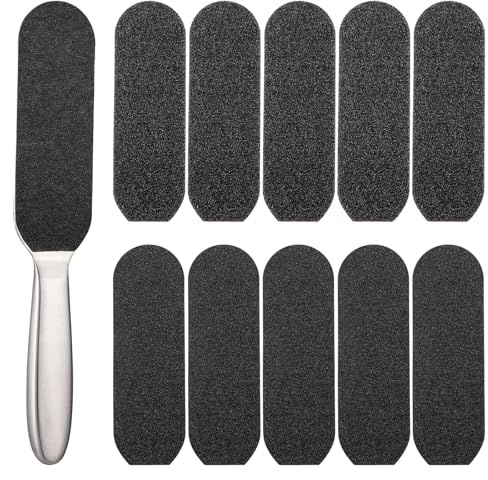 HonGien 11PCS Pedicure Foot File Callus Remover for Hard Skin 1 Pcs Stainless Steel Handle and 10 Pcs Foot File Coarse Fine Grit Pads, Foot Rasp for Hard Skin for Home Pedicure
