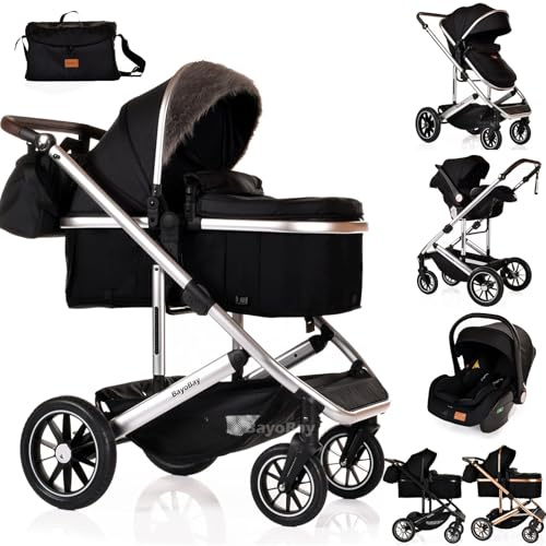 3 in 1 Baby Pram Travel System with Car Seat Lightweight Buggy Foldable Pushchair for Newborn and Toddlers up to 22kg New 2025 Style (Black - Silver)