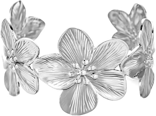 CHAOTEMAI Bracelet Fleur Manchette Argent Réglable Bracelet Fille Bras Bretelles Empilables Bijoux Femme Jonc Motif Floral Personnalisés pour Quotidien Voyage Mariage Femmes Filles Mères