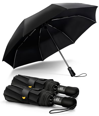 Chakipee Parapluie Pliant Compact - Parapluie Homme Automatique Resistant Vent, Parapluies Noir de Voyage Portables, Revêtement en Tissu 210T, Portée 97 cm, 8 Sections 2 paquets