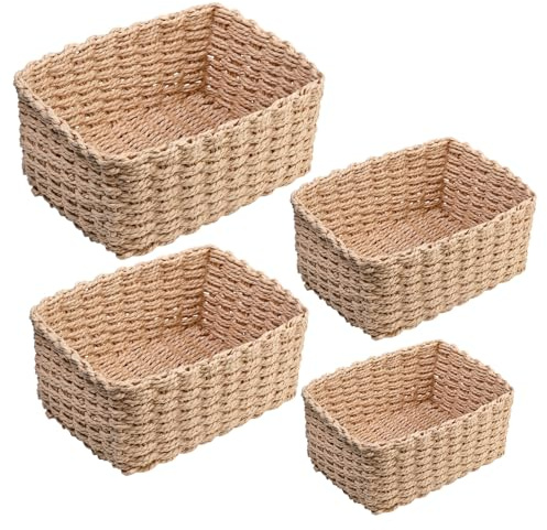 4er Aufbewahrungskorb Geflochten, Körbe Geflochten Stapelbarer, Recyclebarem Aufbewahrungsbox Geflochten, Aufbewahrungskorb Bad Dekorative, Storage Basket für Wohnzimmer Küchen Kinderzimmer Bad