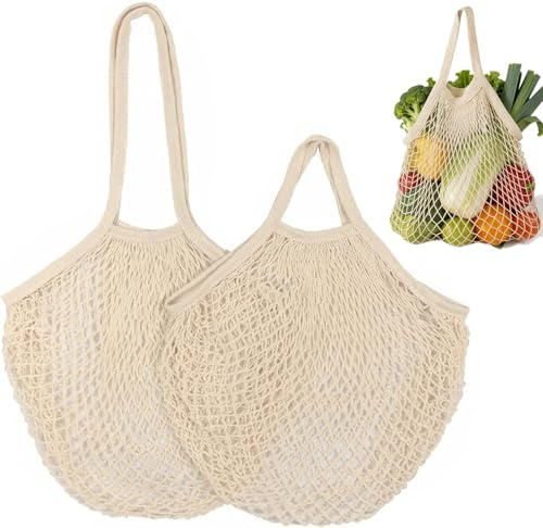 Grosion 2 PCS String Bag,Reusable Mesh Produce Bags,Grocery Mesh Bags,Grocery net Bag,Portable Cotton Shopping Bags for Fruits & Vegetables,Suitable for Storage or Travel(2 Sizes)