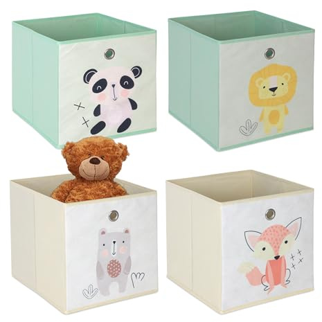 Relaxdays 4er Set, Kinder Aufbewahrungsboxen, süße Tier-Motive, Faltbox für Würfelregale, HBT: 30x30x30 cm, Textil, bunt