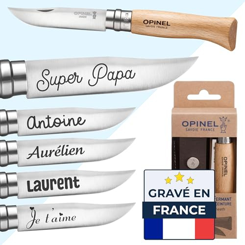 KDO MAGIC Couteau Opinel N°8 Personnalisé Acier inoxydable Étuis inclus | Idée Cadeau fête des pères, anniversaire, noël | Couteau pliant personnalisable homme | Gravé avec un prénom ou une date