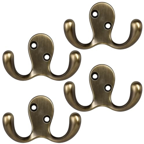 HSHEMBER 4PCS Brass Hooks, Antique Brass Coat Hooks, Brass Door Hooks - Heavy Cast Hangers with Screws for Wall and Door, Vintage Gold Finish for Home and Office