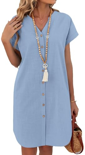 Zeagoo Vestidos Verano Mujer Manga Corta Camisola Playa Algodón y Lino Blusa Vestido Holgado Corto Casual Vestidos con Bolsillos Azul Claro M
