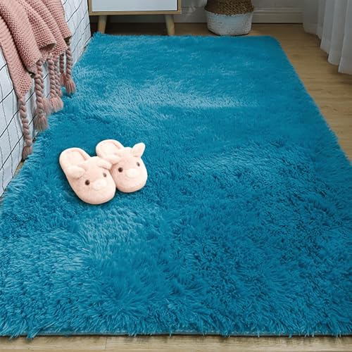 ZHIQXUE Alfombra Habitacion 160 x 320 cm Antideslizante Super Suave Pelo Largo Tapete para Cama Habitacion Lavables y para Salón y Dormitorio, Habitación Infantil, Azul