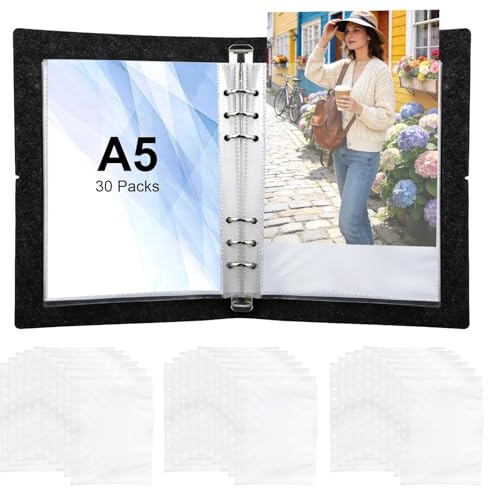 JYYWTSI álbum de fotos A5 con cubierta de fieltro 3 juegos, carpeta A5 de 6 anillas con fundas transparentes de doble cara, organizador para fotos tarjetas recibos y documentos, exterior gris negro in