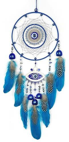 Blue Evil Eye Dream Catcher Handmade Feather Evil Eye Dream Catchers Dream Catchers for Adults,Nazar Amulet Wall Hanging Home Protection and Blessing Decor (Blue Evil Eye Dream)