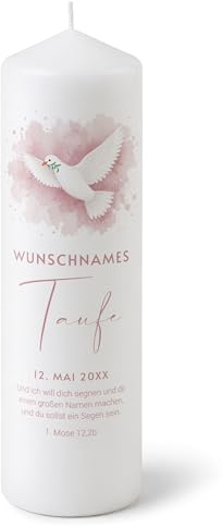 printplanet - Taufkerze Taube Rosa - Personalisiert mit Name und Datum - Kerze Taufe Geschenk
