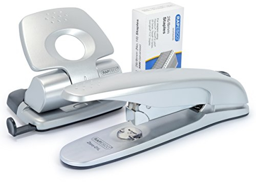 Rapesco 1282 Set Zero-01L Bürohefter, 50 Blatt Heftleistung, Zero 20 Locher, 20 Blatt Stanzkapazität, und 5000 26/8mm Heftklammern, Silber