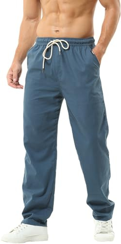 HOEREV Brand Men Casual Beach Trousers linen Pants, Blue, XS