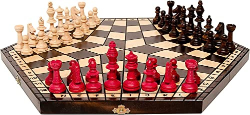 Einzigartig 3 Personen Schach | Master of Chess | XL Chess Board 54x47 cm | Engelhart Hochwertiges Massivholz Schachspiel - Schachbrett für Kinder und für Erwachsene