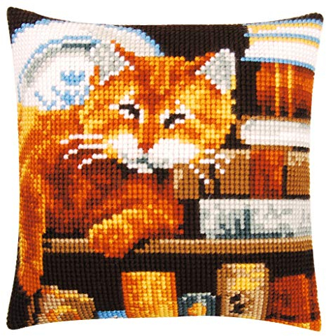 VERVACO Kit Cuscino Punto Croce Gatto E Libri Set Ricamo Principianti Cuscini Gobelin Decorativi ca. 40 x 40 cm Accessori per Lavoretti Creativi DIY Casa Decor Hobby Adulti Cross Stitch