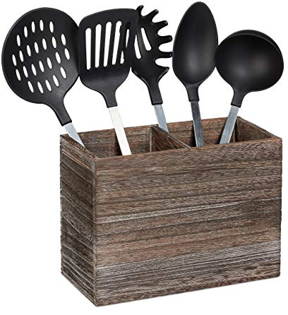 Relaxdays Utensilienhalter Küche, 2 Fächer für Küchenhelfer & Besteck, HBT 17x24x12cm, Besteckkorb aus Holz, dunkelbraun
