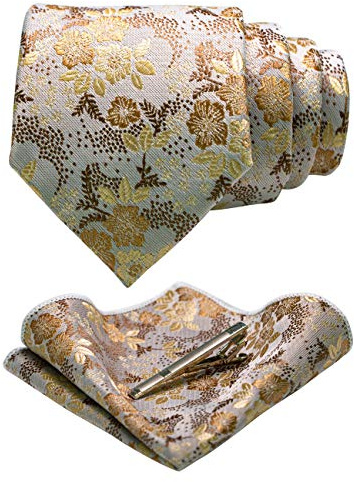 JEMYGINS Cravatte e Pochette da Uomo con Stampa Floreale e Fermacravatta Disponibili in Diverse Colori,Bianco/oro