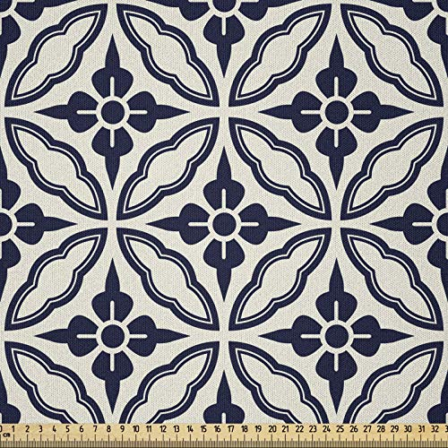 ABAKUHAUS Geometrisch Stoff als Meterware, Japanischer Mandala, Microfaser Multi Zweck Dekostoff für Kunsthandwerke, 3M (230x300cm), Dunkelblau Creme