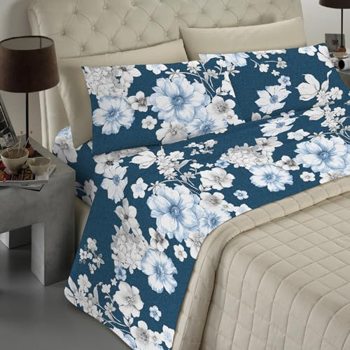 Banzaii - Completo Lenzuola Matrimoniale In Microfibra Made In Italy Con Angolo h 30 cm Sally Blu