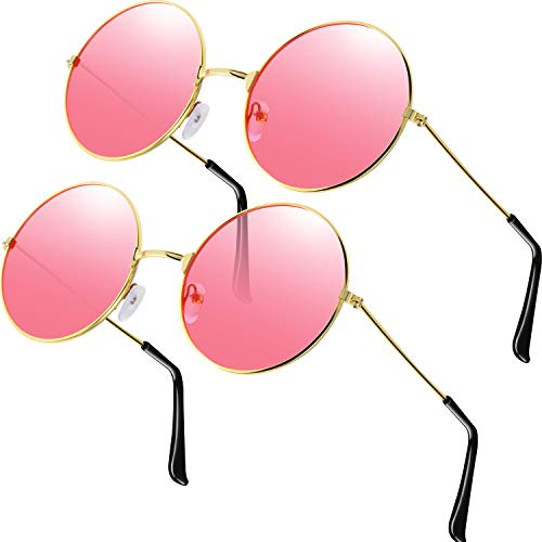 Frienda 2 Paar Retro Hippie Stil Sonnenbrillen Rosa Runde Hippie Brille Sonnenbrille Pink 70er 80er Rosa Brille Für Herren & Damen Fasching & Karneval