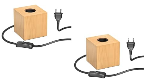 ledscom.de 2x Tischlampe HITO, Schalter, Echtholz (Gummibaum), quadratisch, hellbraun, 1x E27 max. 60W
