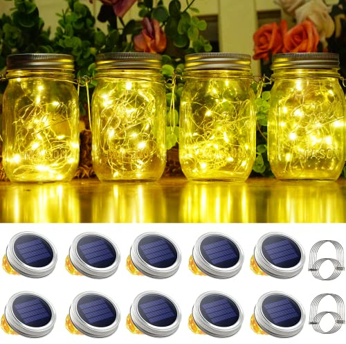 SmilingTown 10 Pack 30 LED Solar Mason Jar Lid String Lights,Fairy Lights Including 10 Pcs Hangers,for Indoor Outdoor Wedding Patio Garden Party Decorations Gift(No Jars) (Warm White)