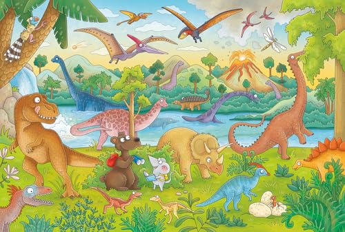 Schmidt Spiele Mauseschlau und Bärenstrak, Reise in die Urzeit, 60 Teile Kinderpuzzle, mit Wissensbüchlein