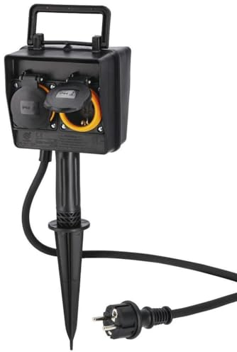 Hama Gartensteckdose, 2-fach, IP44 (Außensteckdose mit Zeitschaltuhr, Erdspieß, Doppelsteckdose für den Garten, Spritzwasserschutz, mit Deckel, für Licht, Lampen, Pumpen etc.) schwarz