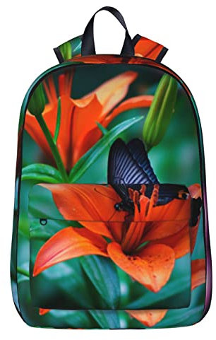 NYHGOXM Lilien mit Schmetterlingen-Aufdruck, wasserabweisend, Laptop-Rucksack, Schulanfang, Schule, ab zur Uni, Schwarz , One size