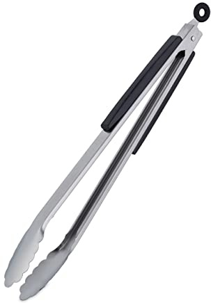 Relaxdays Grillzange, Edelstahl, Holzgriff, Silber/schwarz | lange Kochzange für Grill & Küche, 38 cm, Bratzange mit Öse