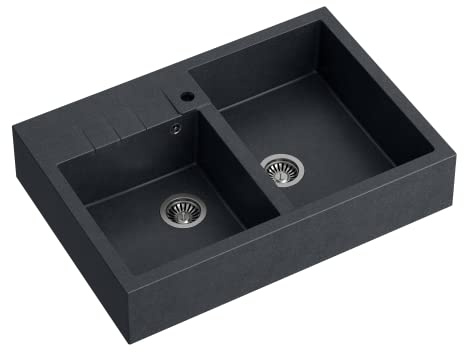 VBChome Évier de cuisine de ferme 90 x 62 cm - Double bol en granit noir - Rectangulaire - Évier encastrable moucheté - Grand bassin profond - Évier en granit + siphon