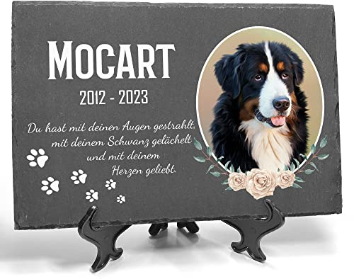 TULLUN Individueller Personalisiert Tiergrabstein Schiefer Gedenkstein + Ständer für Hund, Katze, Kaninchen und andere Haustiere - Größe 20 x 30 cm - Blumenrahmen Foto