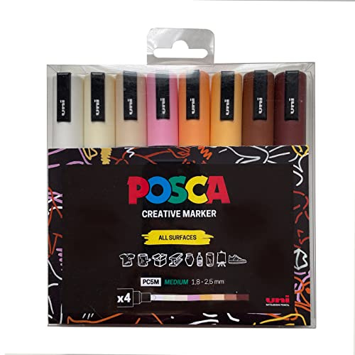 POSCA PC-5M Medium Tip Acrylic Paint Marker Pens, 8 Assorted Colours, For All Surfaces (Pack of 8 Pens)