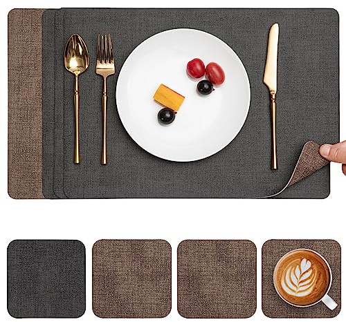Myir JUN Tischsets abwaschbar Leder und Untersetzer doppelseitige Platzsets | Platzdeckchen abwaschbar 4er Set rutschfest Tischsets Platzsets abwaschbar Kunstleder (Grau Braun, 4er Set)