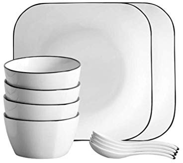 Service de Table, Service de Vaisselle 10 pièces Bords Blancs et Noirs Bol en céramique Assiette cuillère à Soupe pour Le dîner en Famille