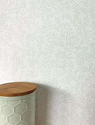 Newroom Vliestapete Grün Zweige Blätter floral Tapete Wohnzimmer | zartgrünes Zweigmuster auf Creme, matte Leinenstruktur, Landhaus skandinavisch, Mustertapete Wandtapete, Schlafzimmer Flur