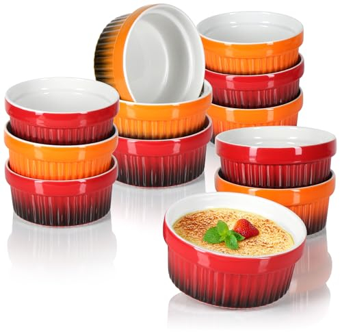 COM-FOUR® 12x Cuenco Ragout Fin - Moldes aptos para horno en rojo y naranja - Cuenco Creme Brulee - Cuenco de postre con 250 ml cada uno - Apto para lavavajillas