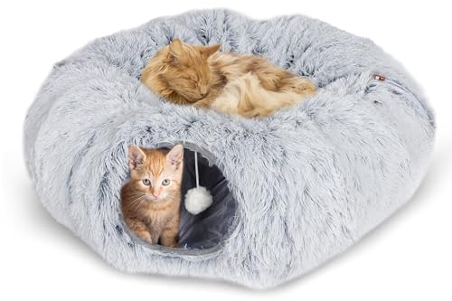 CALIYO Katzentunnel, Katzentunnel große Katzen mit Schlafplatz, Donut Katzenbett aus Plüsch, Katzen Tunnel mit Fellknäuel, Interaktives Katzenspielzeug für Indoor, Grau (85×26CM)