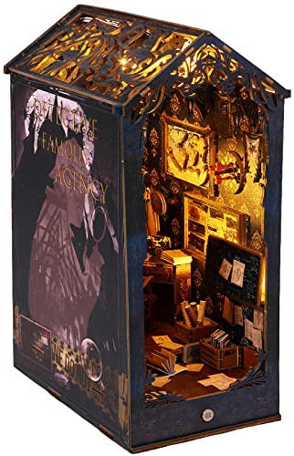 OROMYO DIY bok nook kit 3D-pussel trä växthus böcker med LED-ljus och beskrivning på engelska miniatyr dockhus kit lämplig för personer över 14 år (detektivbyrå)