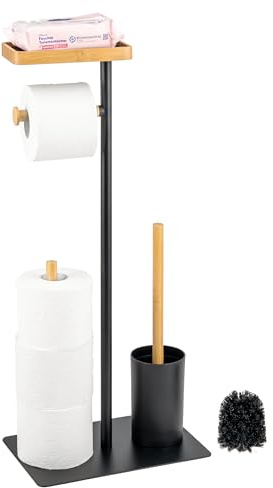 eluno Stand-WC-Garnitur 4in1, WC-Bürste, (Ersatz-) Rollenhalter, Ablage, Bambus/Metall (Schwarz)