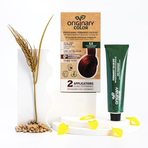 Originary Color - Kit de Coloración Profesional Permanente, Color 5-5 Castaño Claro Caoba 100 ml + Crema Oxidante 100 ml + Champú 30 ml | Fórmula sin amoniaco y sin PPD.